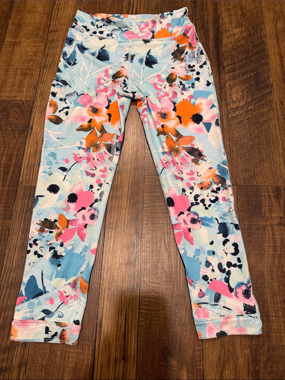 tek gear Girls sz 10/12 Light Blue Floral Athletic Leggings with Pink & Orange